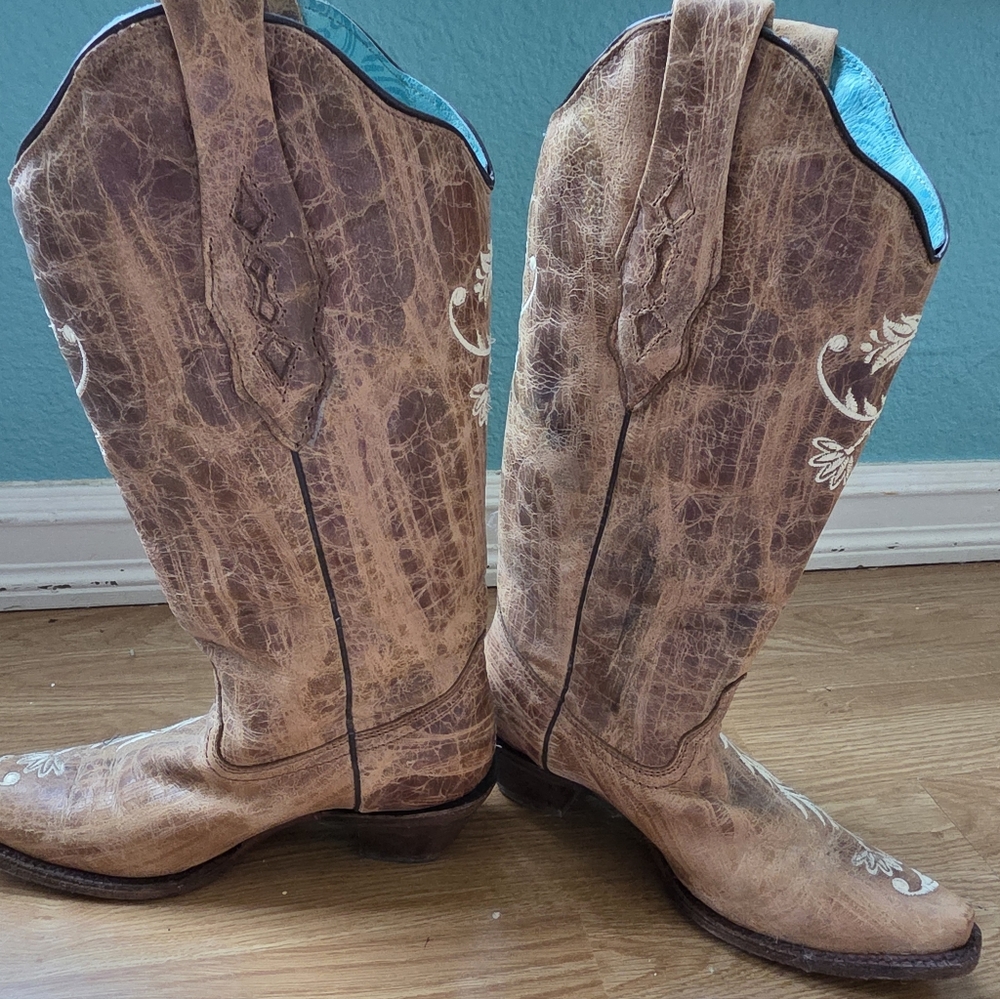 Corral Western Cowgirl Boots Embroidered Tan Brown Leather - Picture 2 of 11